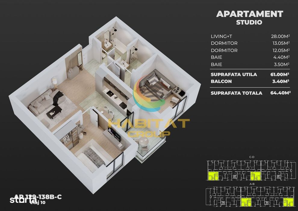 Apartament studio 3 camere (129B/C) Popesti leordeni metrou.