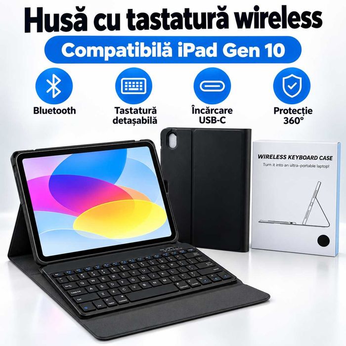Husă cu tastatură Bluetooth pentru iPad Gen 10 10.9" (2022) și iPad A16 11" (2025) – Vobafe