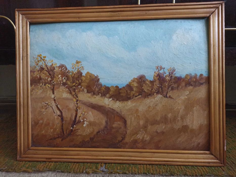 Tablou "Peisaj de toamna" , lucrat in ulei, cu cutitul pe carton