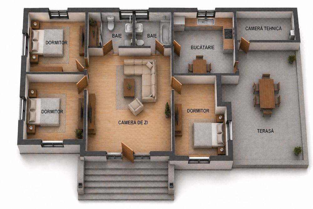 Casa parter, 3 dormitoare, 2 bai, terasa, beci, camera tehnica