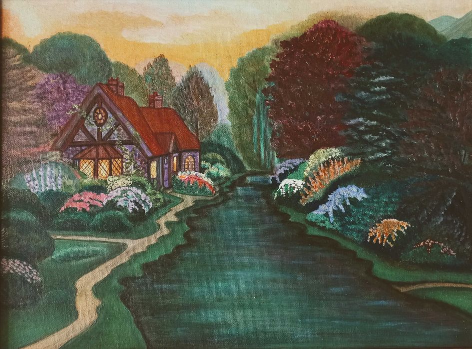 Tablou pictat in ulei pe panza "Casa de langa riu" 30x40 cm