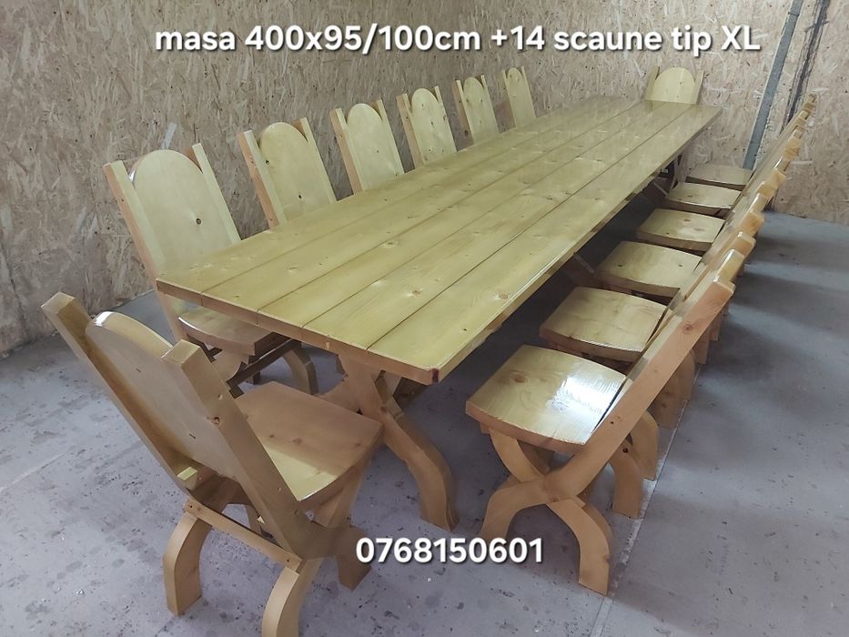Masa cu  14 sau 16  scaune . Mobilier rustic . Mese si scaune. Masa 4m