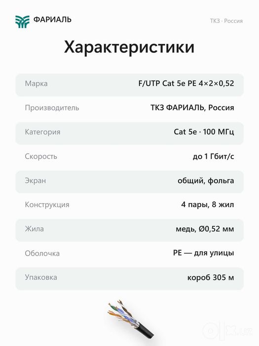 Кабель витая пара F/UTP Cat 5e PE 4x2x0,52 ТКЗ ФАРИАЛЬ, 305 м