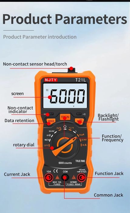 NJTY T21L - Multimetru Digital Profesional Complet LCR (Bobine, Condensatori, Rezistențe), True RMS, NCV, autoscalare - NOU / SIGILAT