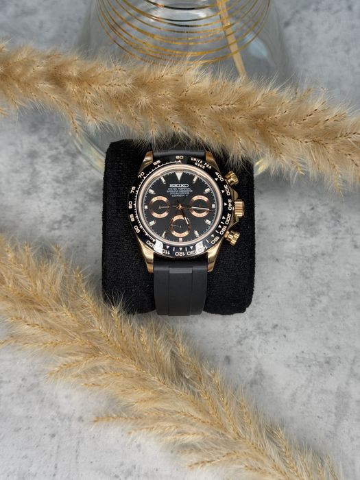 Seiko Mod Chronograph 39mm VK63 – meca quartz – negru rose gold - nou