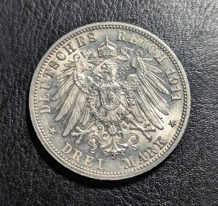 Серебряная монета 3 марки 1911
