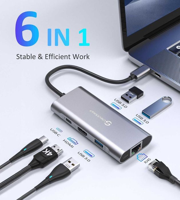 UtechSmart USB C хъб, Ethernet многопортов адаптер 6 в 1 USB C към HDMI докинг станция