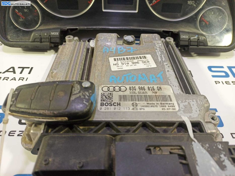 Kit Pornire ECU Calculator Motor Ceas Ceasuri Cluster Instrumental Bord Cip Cheie si Imobilizator Audi A4 B7 2.0 TDI BLB AUTOMAT 2004 - 2008 Cod 03G906016GN 0281012113 [L1778]