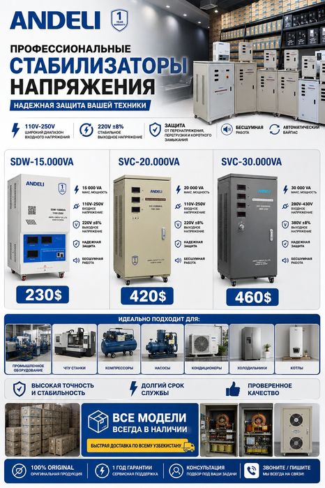 ANDELI 15 000 VA kuchlanish stabilizatori
110–250V