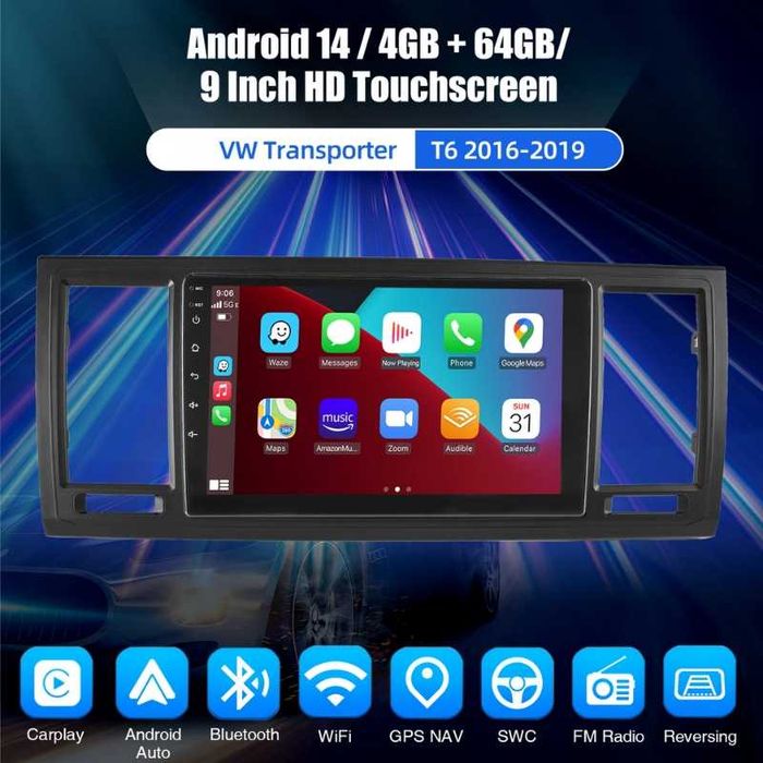 VW Transporter T6 2016-2019 9” 2-DIN с Android 14, 4/64GB, CarPlay и Android Auto, RDS