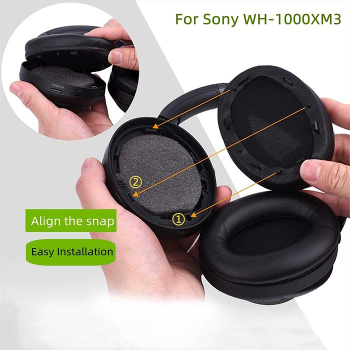 Set 2 bureti pentru casti Sony WH-1000XM3 WH1000XM3, Over-Ear - Negru, Spuma cu memorie, Piele ecologica