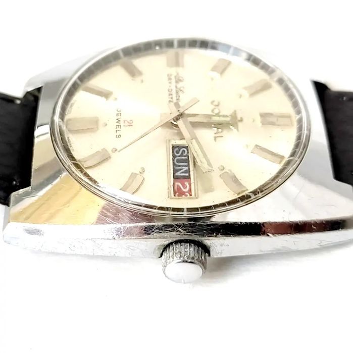 VINTAGE JOVIAL DE LUXE DAY-DATE 21 j. Мъжки механичен часовник с ръчно навиване, работещ, с нова кожена каишка.