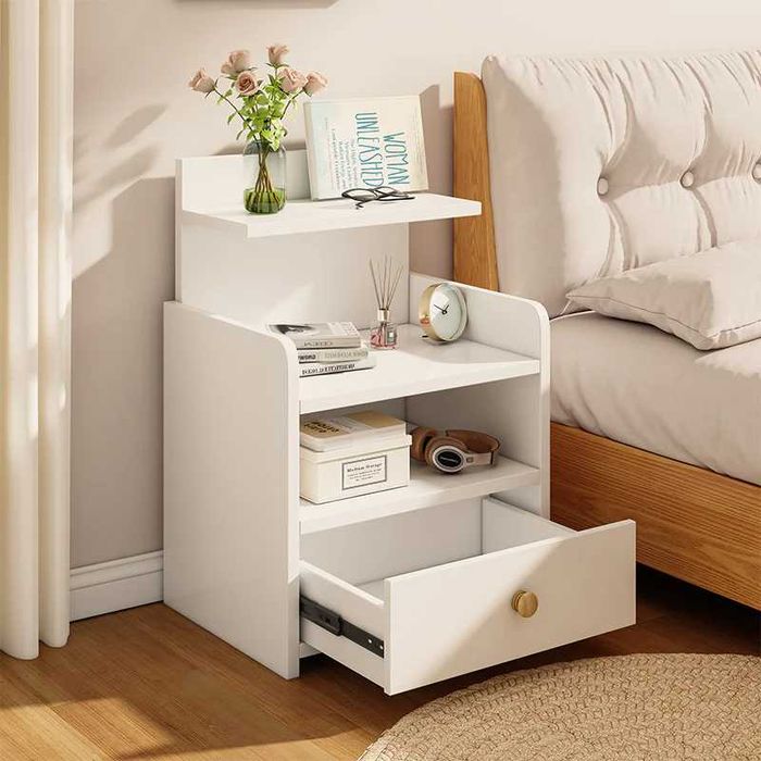 Noptiera moderna cu sertar si 3 polite, 33x26x60cm, alba