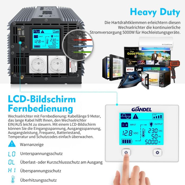 Инвертор GIANDEL 5000W 12V към 230V Чиста Синусоида с Дистанционно