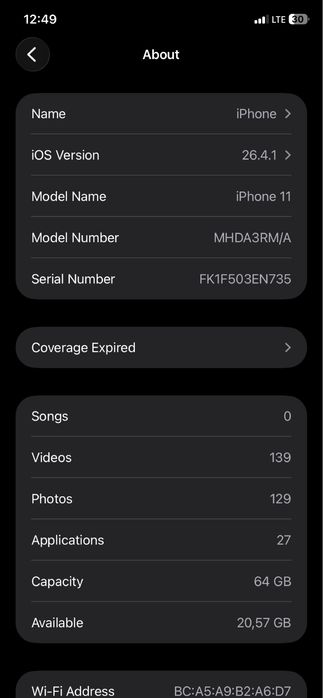 iPhone 11 64GB, Face ID ishlaydi, ideal xolatda tru tone bor