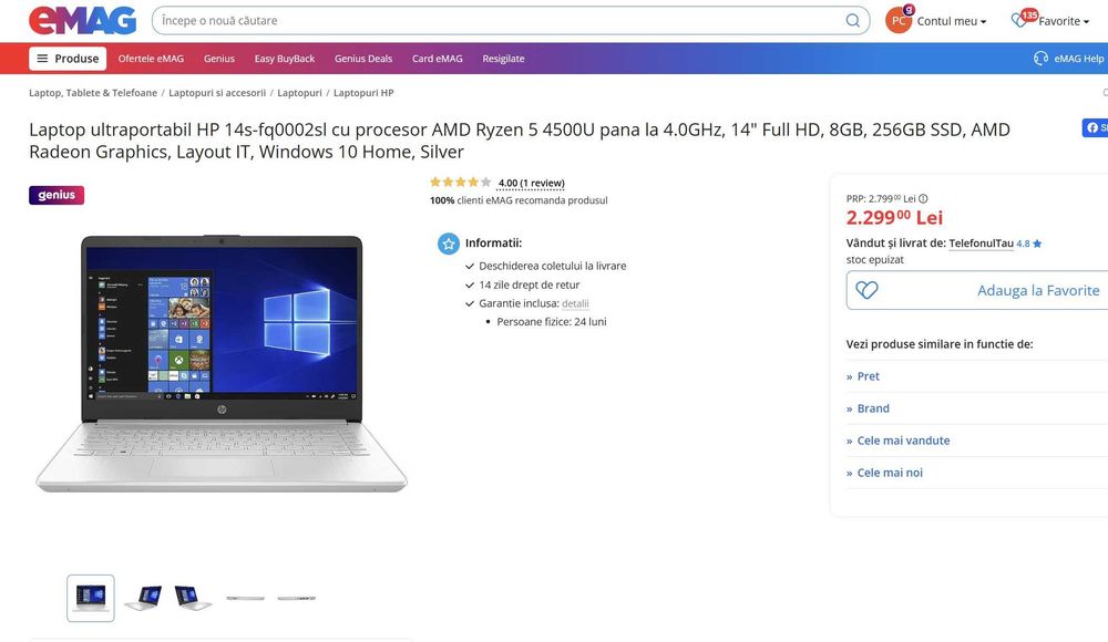 Laptop HP 14s-fq0002sl AMD Ryzen 5 4500U 14" 8GB 256GB SSD Sigilat