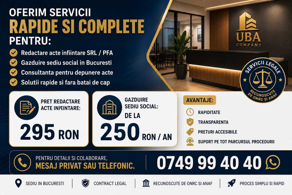 Gazduire sediu social Bucuresti de la 250 RON /  AN