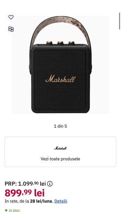 MARSHALL Stockwell II, Bluetooth, IPX4, sigilata, transport inclus