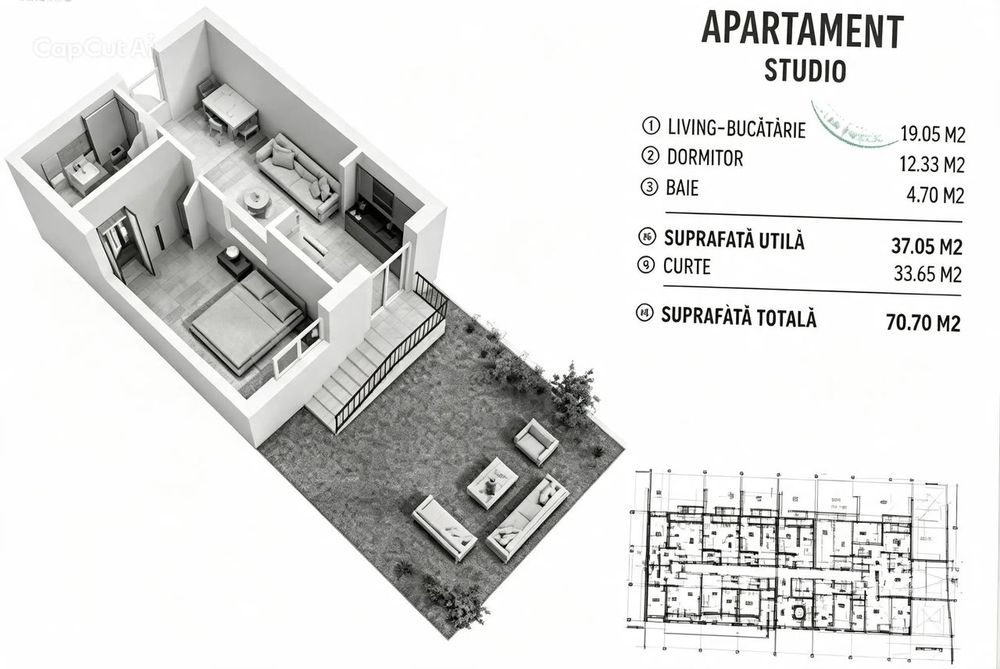 Apartament 2 camere/curte proprie de 34 mp/Metrou Dimitrie Leonida