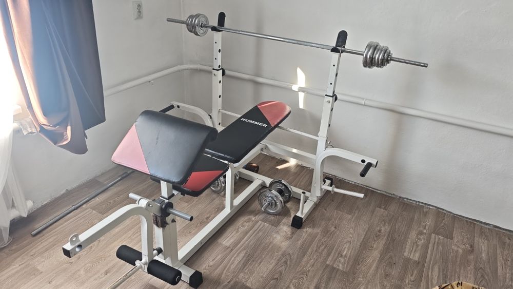 Многофункциональный силовой тренажер (скамья + штанга + гантели)