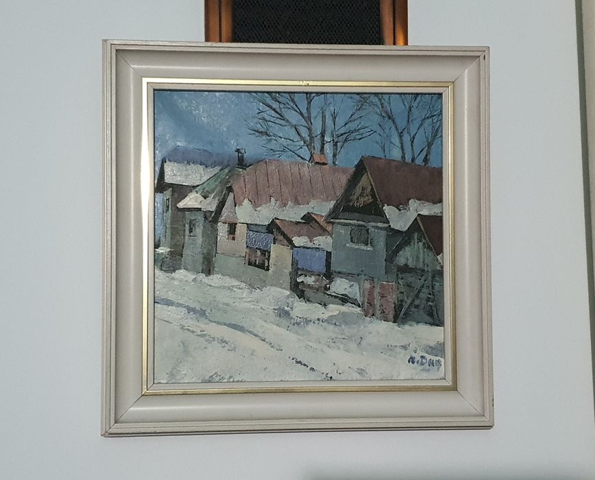 Tablou pictura Dan Aurel, ulei panza. Case mineresti Baia Sprie