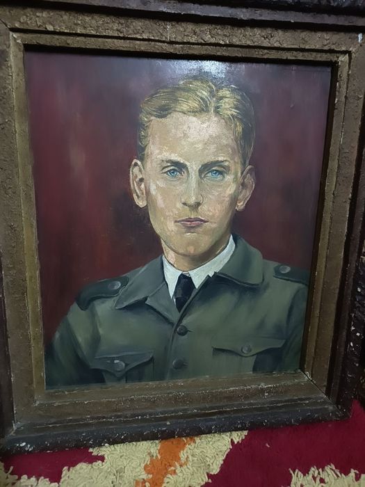 Tablou Pictat Foarte Vechi Soldat German Semnat