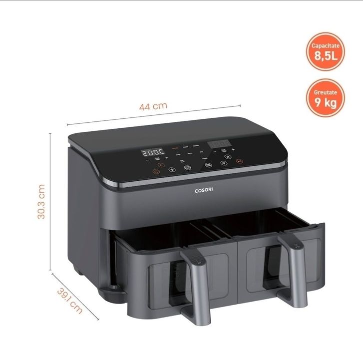 Friteuza cu aer cald Cosori Dual Basket, 8 functii de gatire, 1750 W