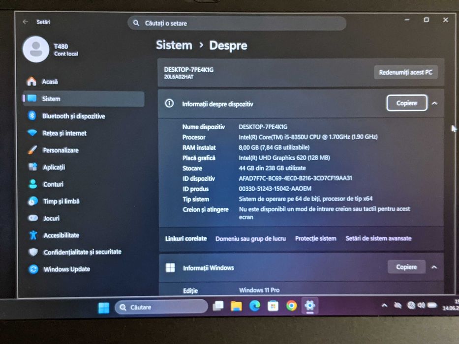 Laptop Lenovo ThinkPad T480, Intel Core i5 8350U, ram 8 GB, SSD 256 GB Nvme