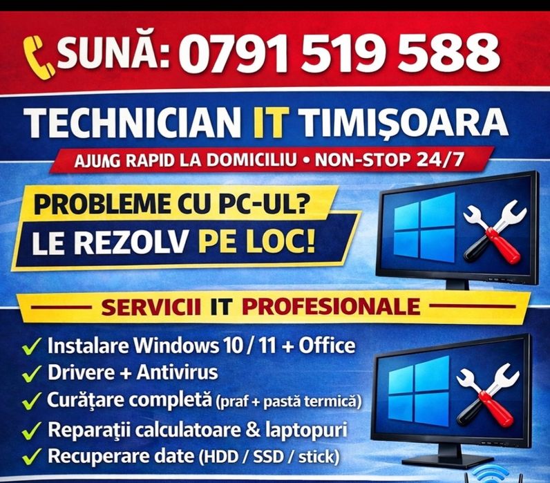 Reparații calculatoare laptop imprimanta router wifi curatare pc laptop upgrade ssd ram  cpu gpu instalare windows 11,10  la domiciliu Recuperare date