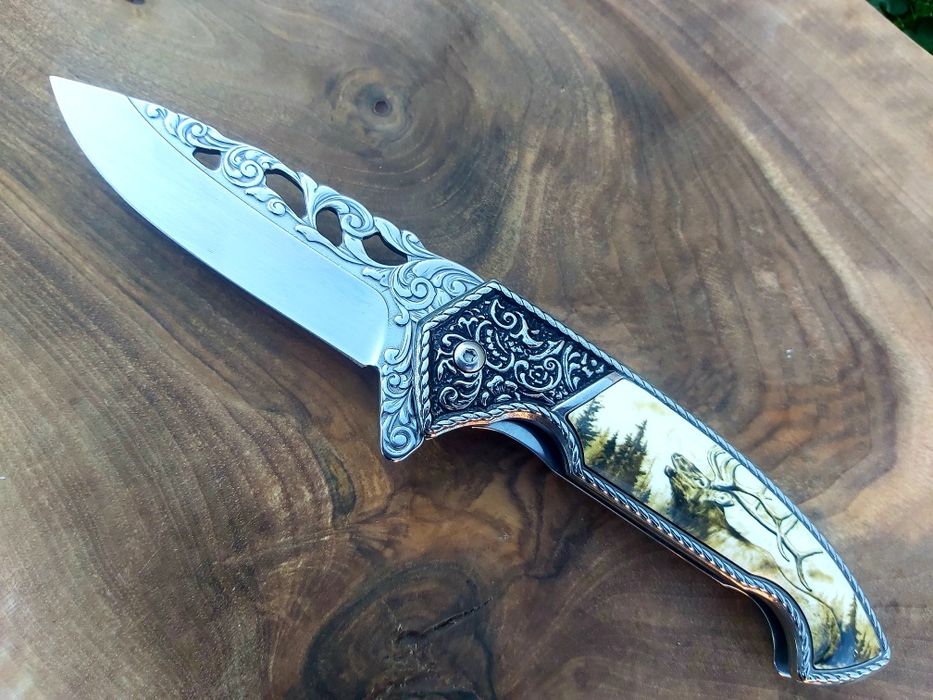 Сгъваем джобен нож с инкрустирана дръжка елен,7040