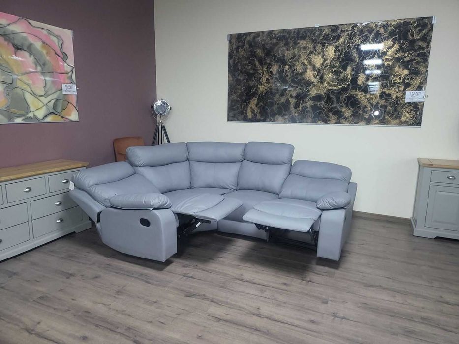 Сив кожен ъглов диван с релаксиращ механизъм от изкуствена кожа