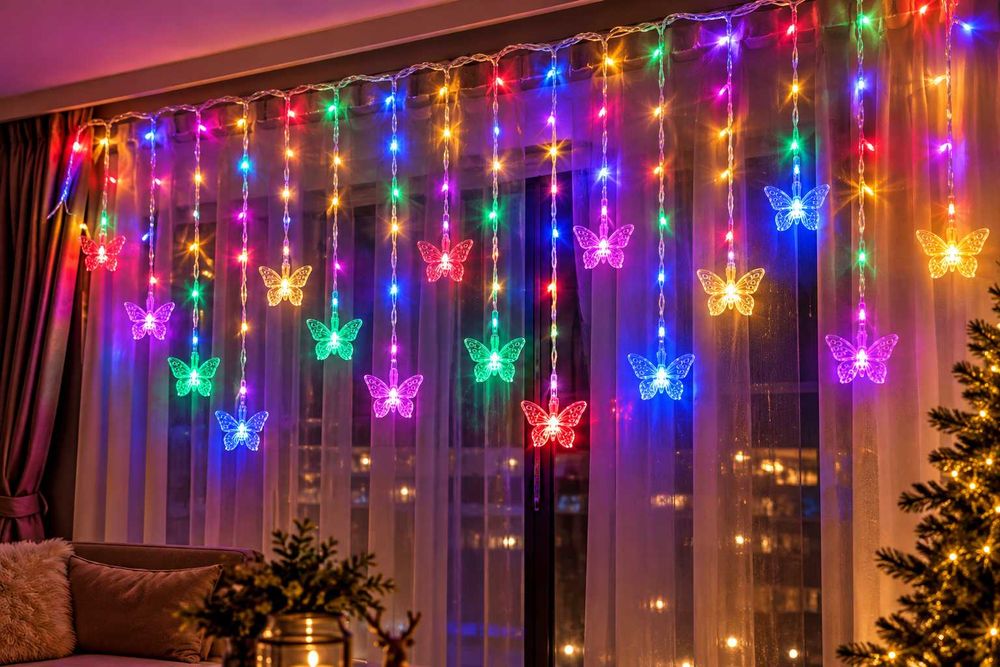 Коледни лампички LED завеса пеперудки 3м х 30-50см 10бр. пеперудки многоцветна светлина