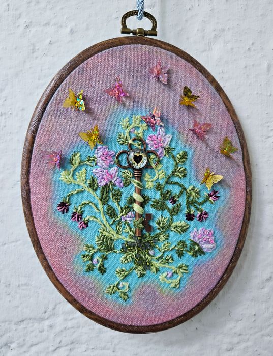 Broderie mixed media art Key to Love Garden