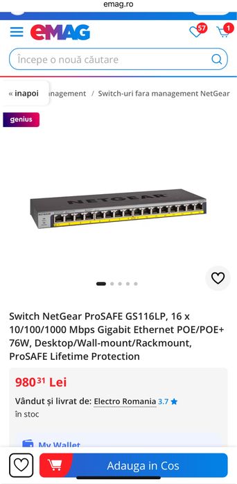 Switch NetGear ProSAFE GS116LP 16-port nou