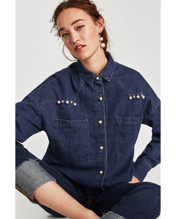 Zara дънкова риза с копчета перли