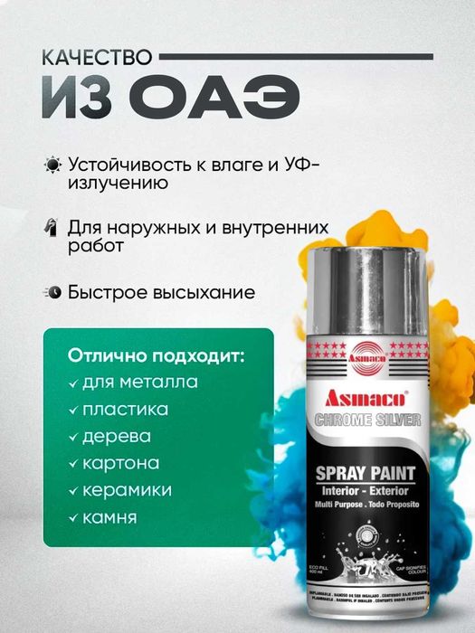 Краска аэрозольная хром серебро, акриловая краска, Asmaco