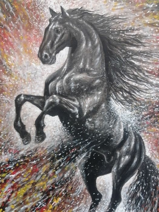 Картина чёрный конь. Холст на картоне. Размер 40/50