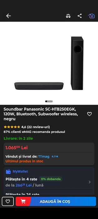 Soundbar Panasonic SC-HTB250EGK, 120W, Bluetooth, Subwoofer wireless