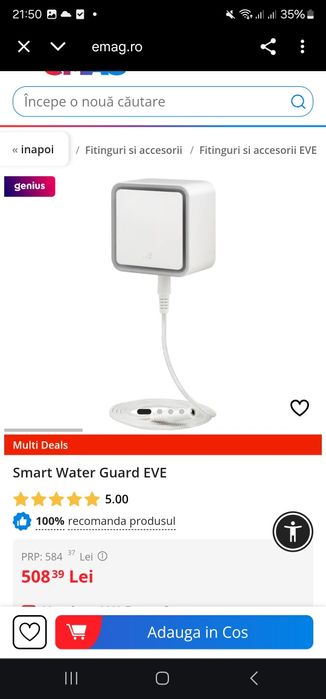 Eve Water Guard (Apple Home) - Detector inteligent de apă, cablu senzo