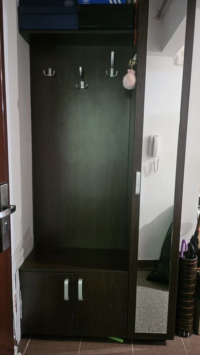 Cuier hol cu oglindă, ușă și rafturi pantofi – 100x35x210 cm