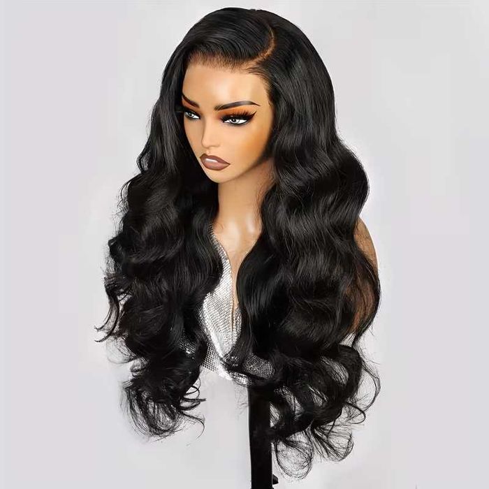 Черна синтетична чуплива перука 75 см с дантелена зона 13x4