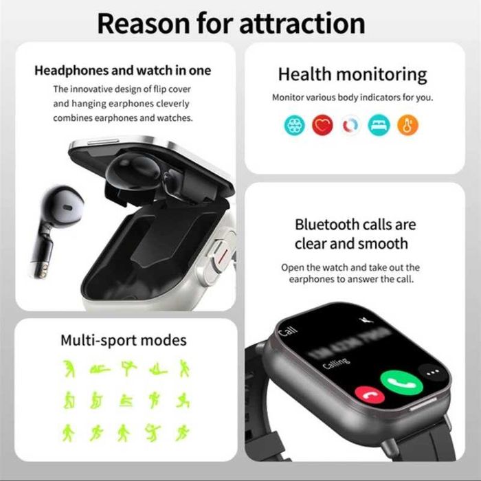 Ceas inteligent 2.01 inch, Casca Bluetooth, Tracker GPS, Monitorizare Ritm Cardiac, Monitorizare Sanatate, Casti, Player Muzical, Ceas Fashion