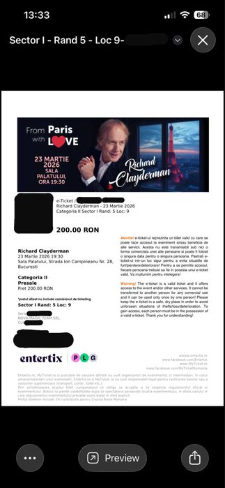 2 bilete Richard Clayderman 23 Martie Sala Palatului