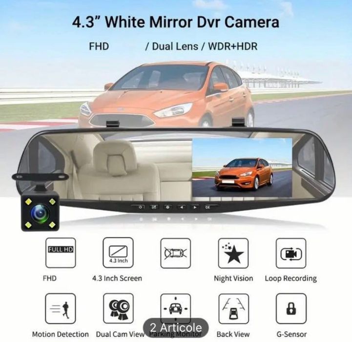 Cameră de bord HD cu 2 camere și card de 64GB cadou