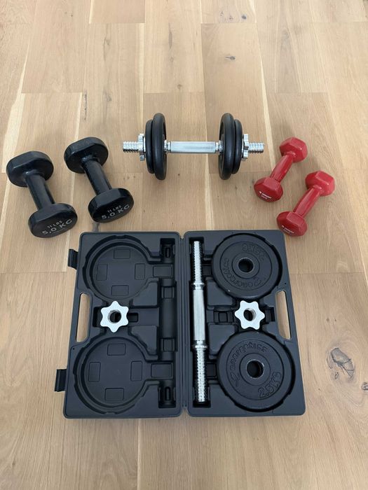 Дъмбели Energetics 2x10 кг с куфар + гири Decathlon 2x5 кг + Orion 2x2 кг
