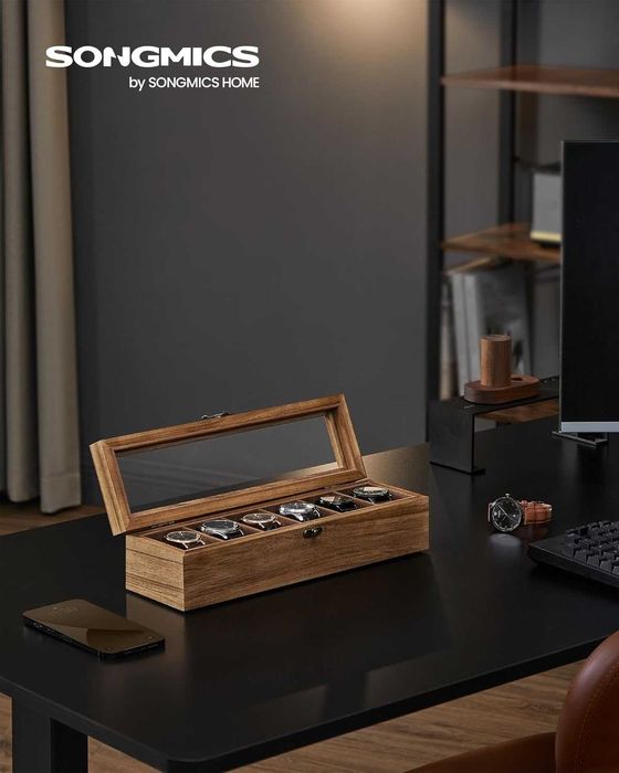 Cutie depozitare ceasuri Songmics, 6 sloturi, capac din sticla, lemn