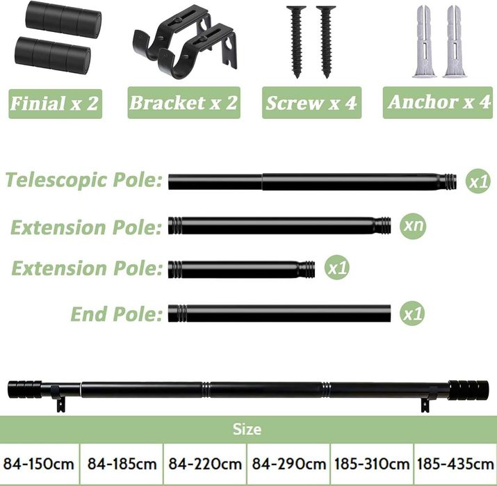 Телескопичен корниз за пердета 84–150 см – Бял, с комплект за монтаж