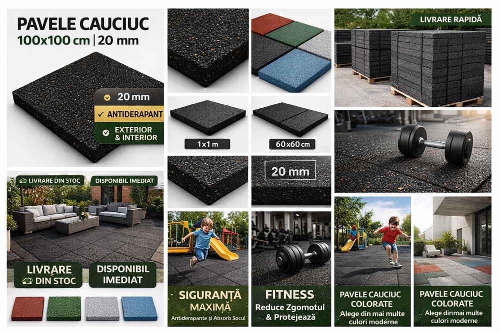 Pavele Cauciuc Profesionale 1x1m , diverse grosimi, pentru Fitness, Terasă, Loc Joacă