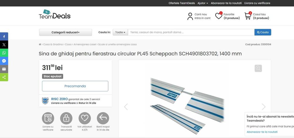 Sina de ghidaj pentru circular PL45 Scheppach SCH4901803702, 1400 mm