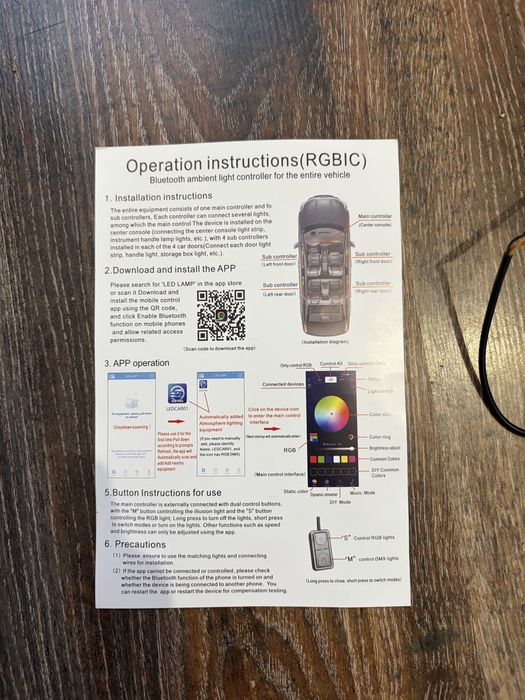 Kit Lumini Ambientale Auto RGBIC, Control Aplicție Bluetooth & Telecomandă, Nou